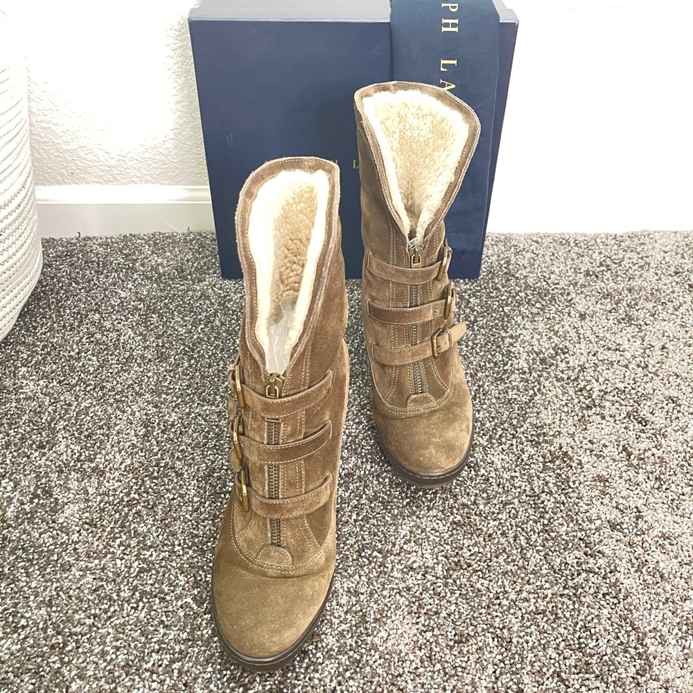 Ralph Lauren Shearling-lined Olive Suede Ankle Winter Boots, size 8.5D - Picture 4 of 11